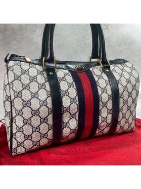 Gucci GG Sherry Line Boston Bag Navy Logo Leather